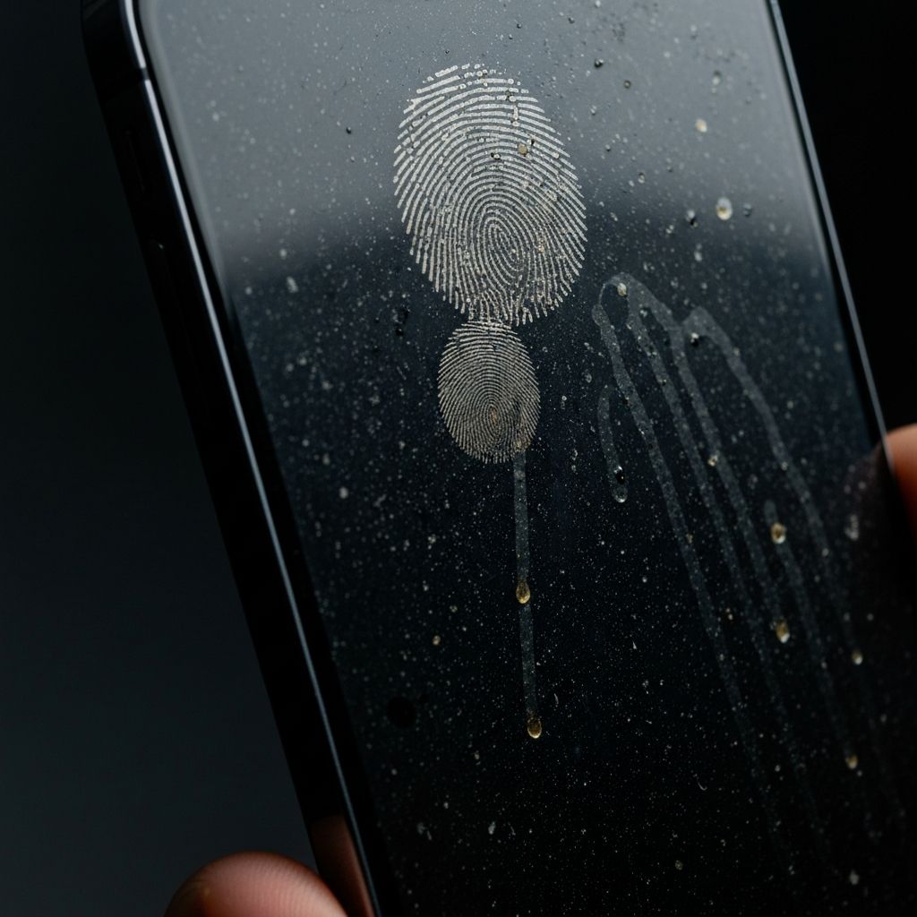 iPhone 14 Pro com tela suja - marcas de dedo e manchas